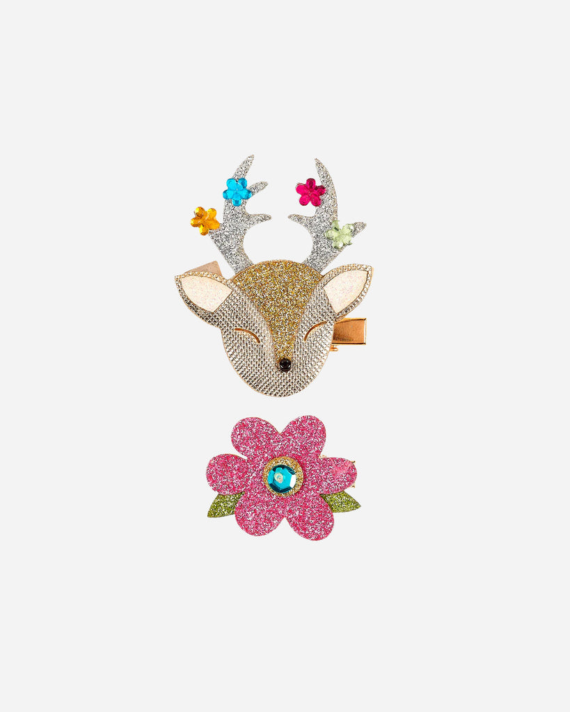 Barrettes pailletées avec une tête de renne dorée et une fleur rose 