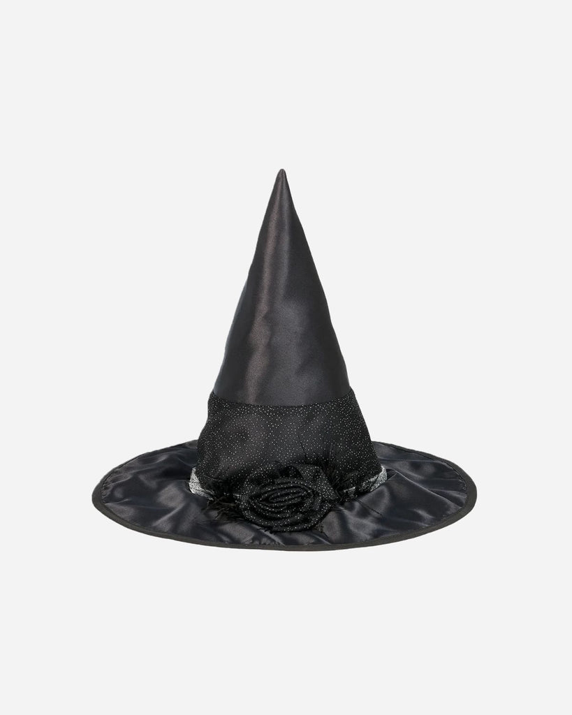 Chapeau de sorcière en satin noir avec une rose sur le devant