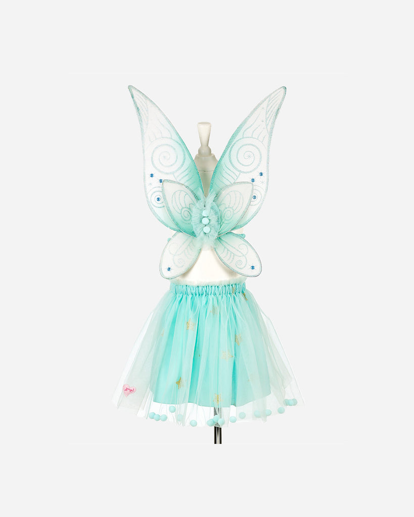Set de déguisement enfant papillon bleu et blanc composé d'ailes et d'un tutu en tulle.
