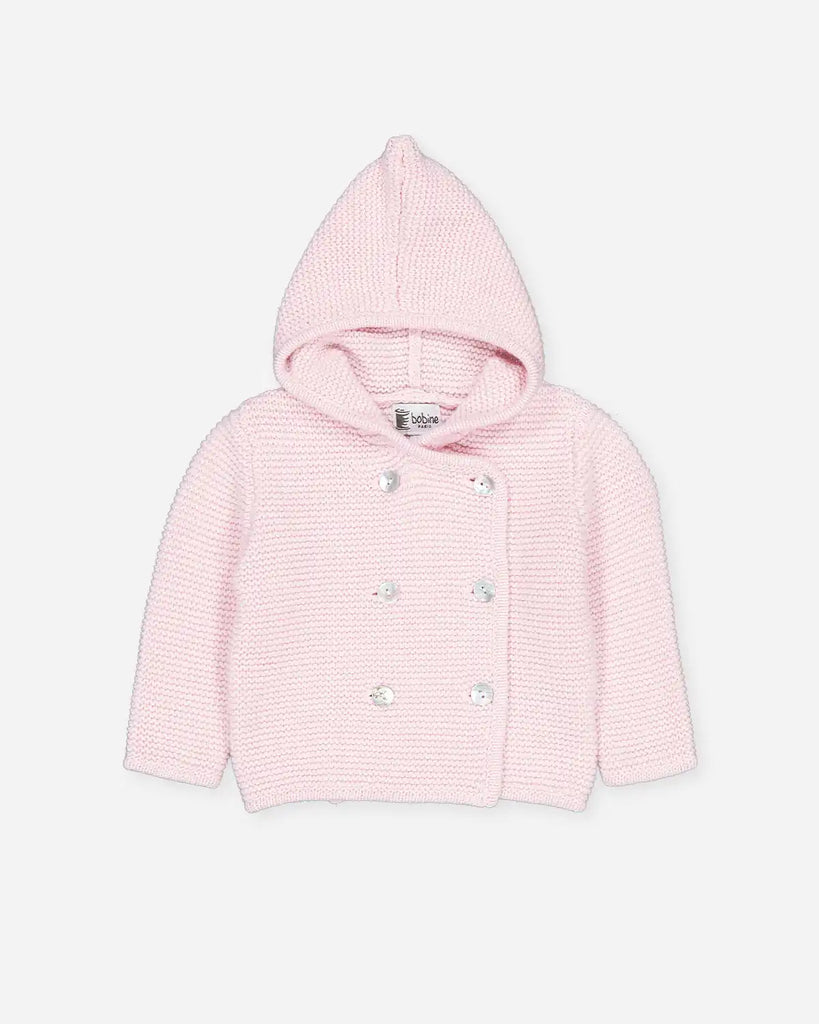 Veste à capuche bébé en laine et cachemire rose blush de la marque Bobine Paris.