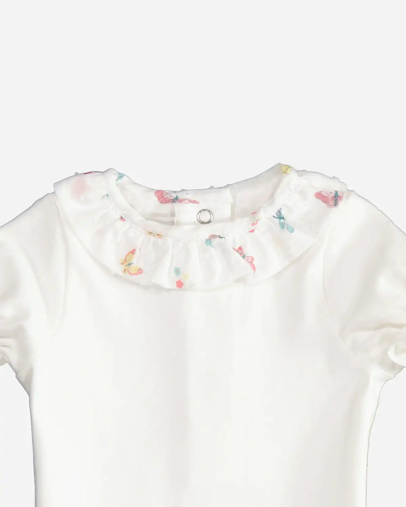 Zoom du body pour bébé fille à col volanté blanc imprimé de la marque Bobine Paris.