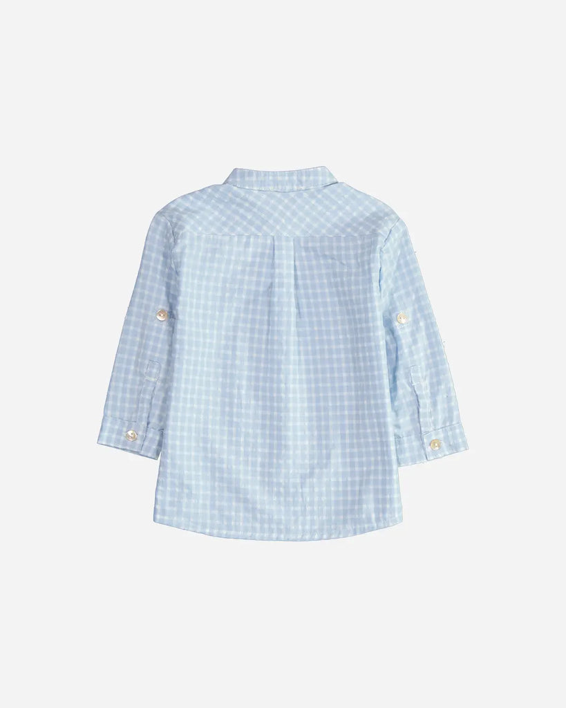 Vue de dos de la chemise pour bébé garçon à col mao et motif vichy de la marque Bobine Paris.