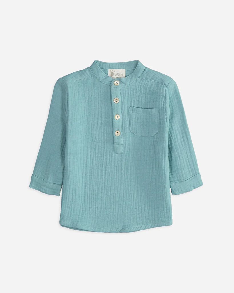 Chemise pour bébé garçon en gaze de coton émeraude de la marque Bobine Paris.