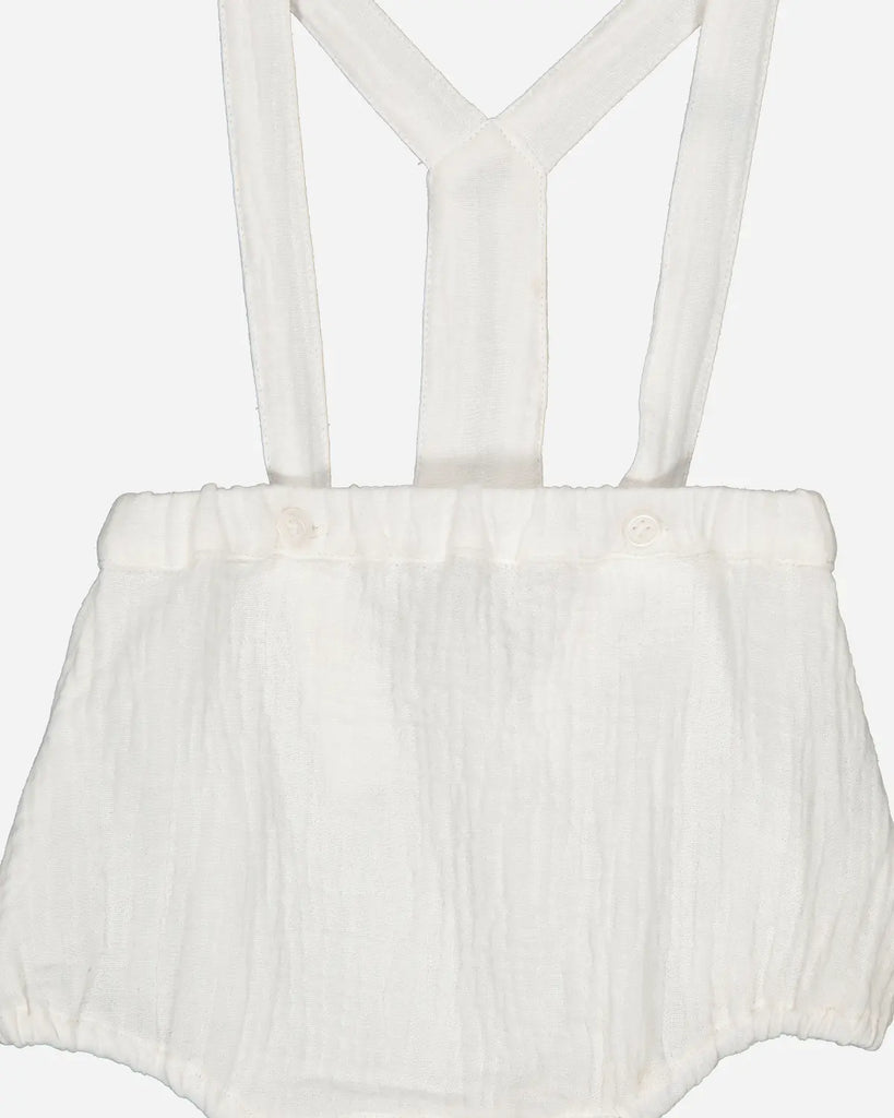 Zoom du bloomer pour bébé en gaze de coton blanc de la marque Bobine Paris.