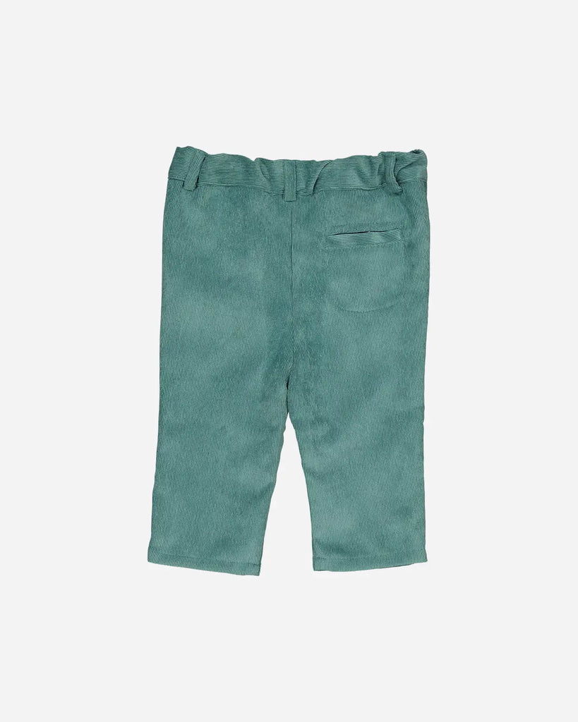 Vue de dos du pantalon pour bébé en velours côtelé vert amande de la marque Bobine Paris.