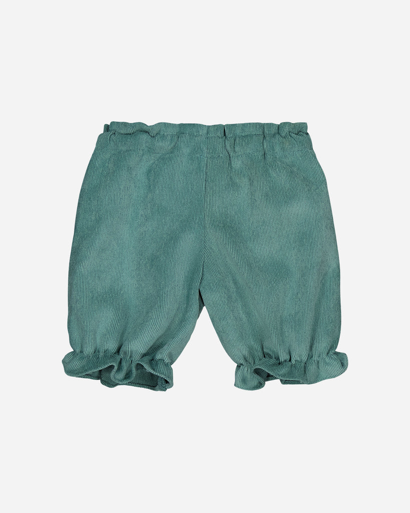 Vue de dos du panty pour bébé fille en velours côtelé couleur vert amande de la marque Bobine Paris.