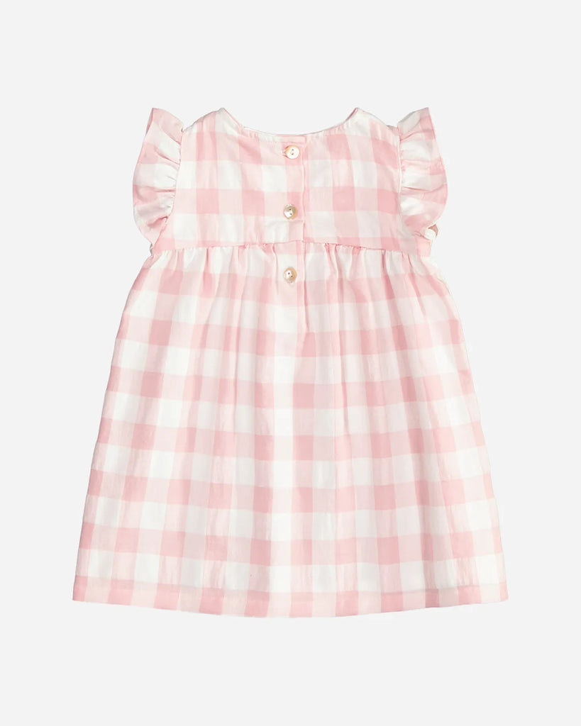 Vue de dos de la robe pour bébé fille à imprimé vichy rose de la marque Bobine Paris.