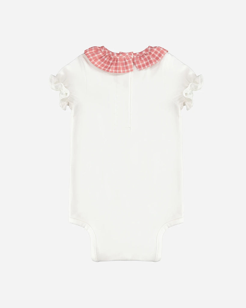 Vue de dos du body pour bébé fille blanc à col volanté motif vichy vieux rose de a marque Bobine Paris.