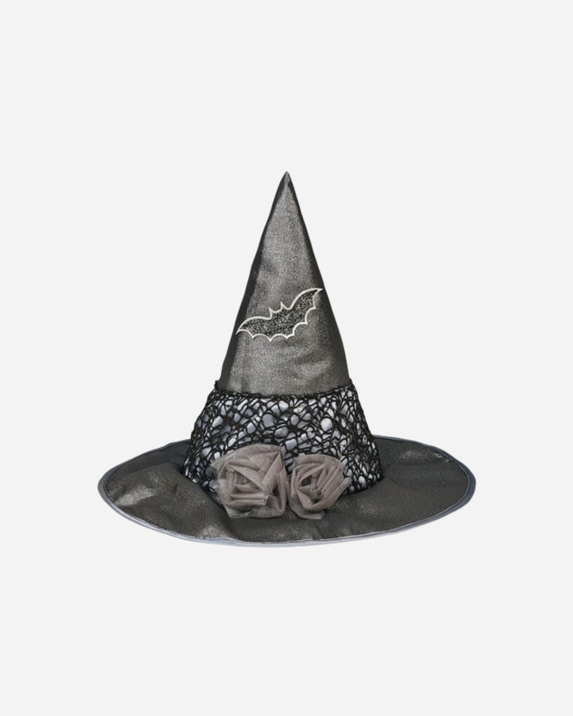 Chapeau de sorcière gris pailleté avec une chauve-souris et deux roses grises.