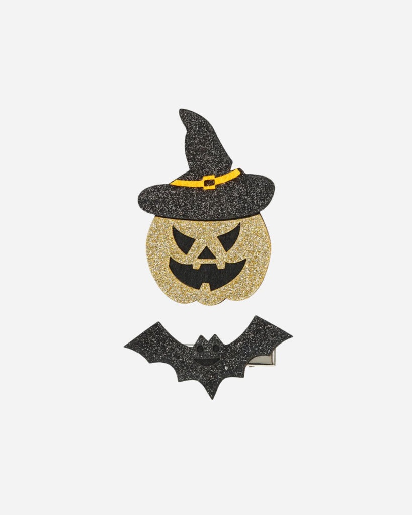 Une pince citrouille dorée qui porte un chapeau de sorcière noir et une pince chauve-souris noire paillettée