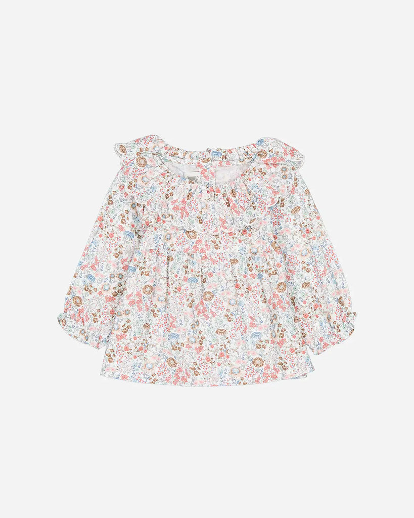 Blouse pour bébé fille à col volanté et à fleurs colorées de la marque Bobine Paris.