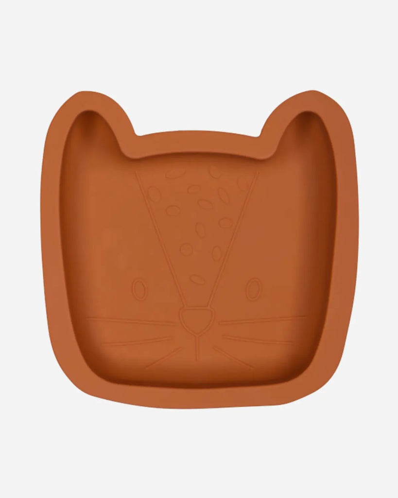 Assiette pour enfant en silicone en forme de tête de léopard de couleur rouille