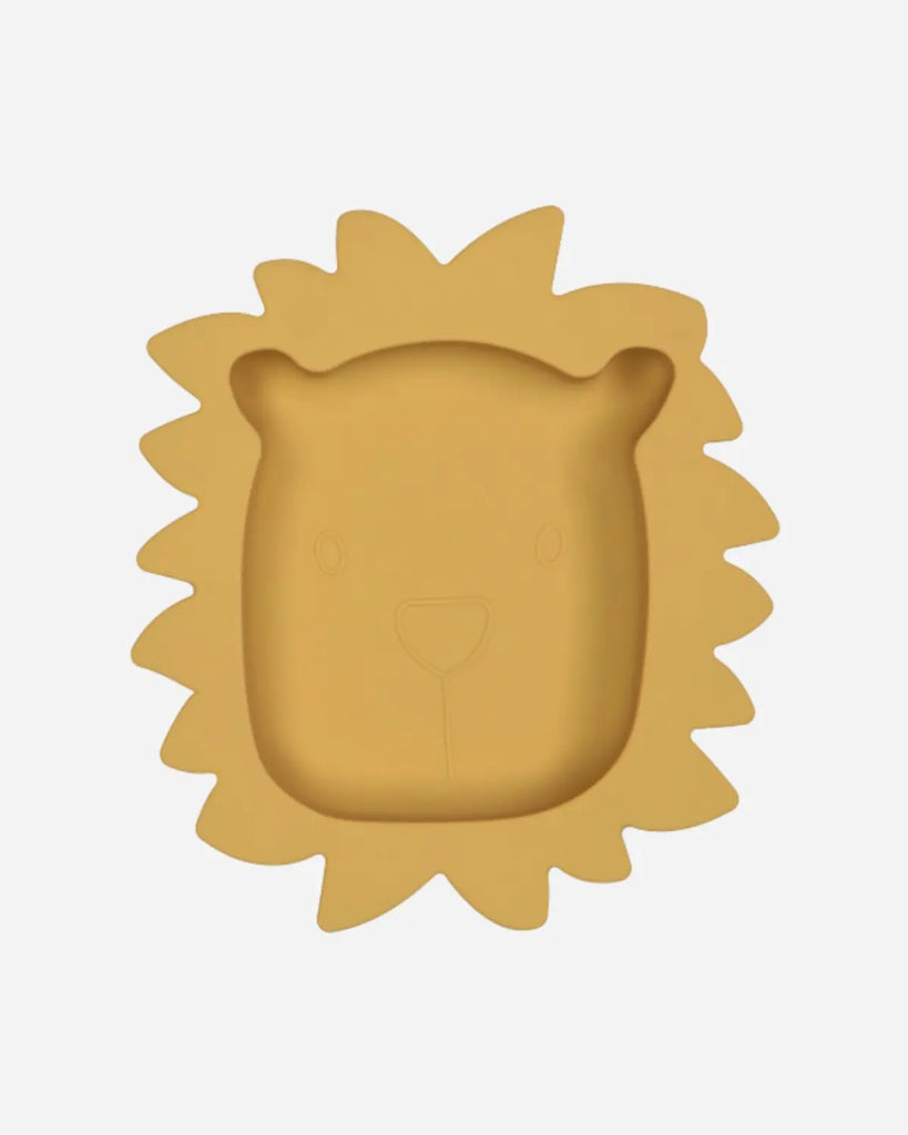 Vue de face de l'assiette en silicone jaune en forme de tête de lion pour bébé