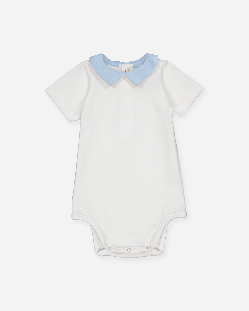 Body blanc à col pointu bleu avec quadrillage blanc pour bébé garçon de la marque Bobine Paris.