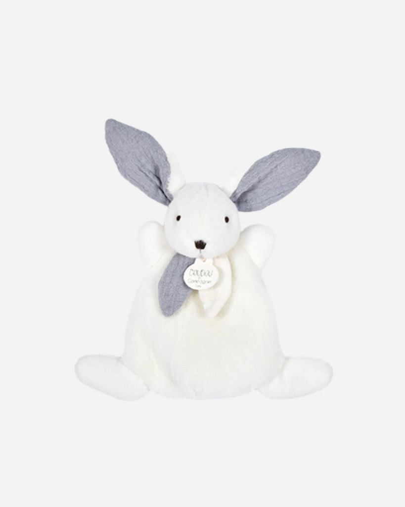 Doudou lapin blanc et gris pour bébé de la marque Bobine Paris.