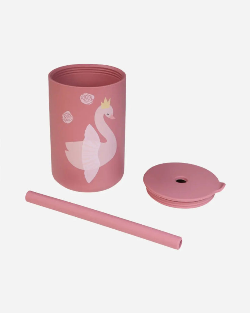 Composants du verre à paille en silicone rose arborant un joli cygne de la marque Bobine Paris.