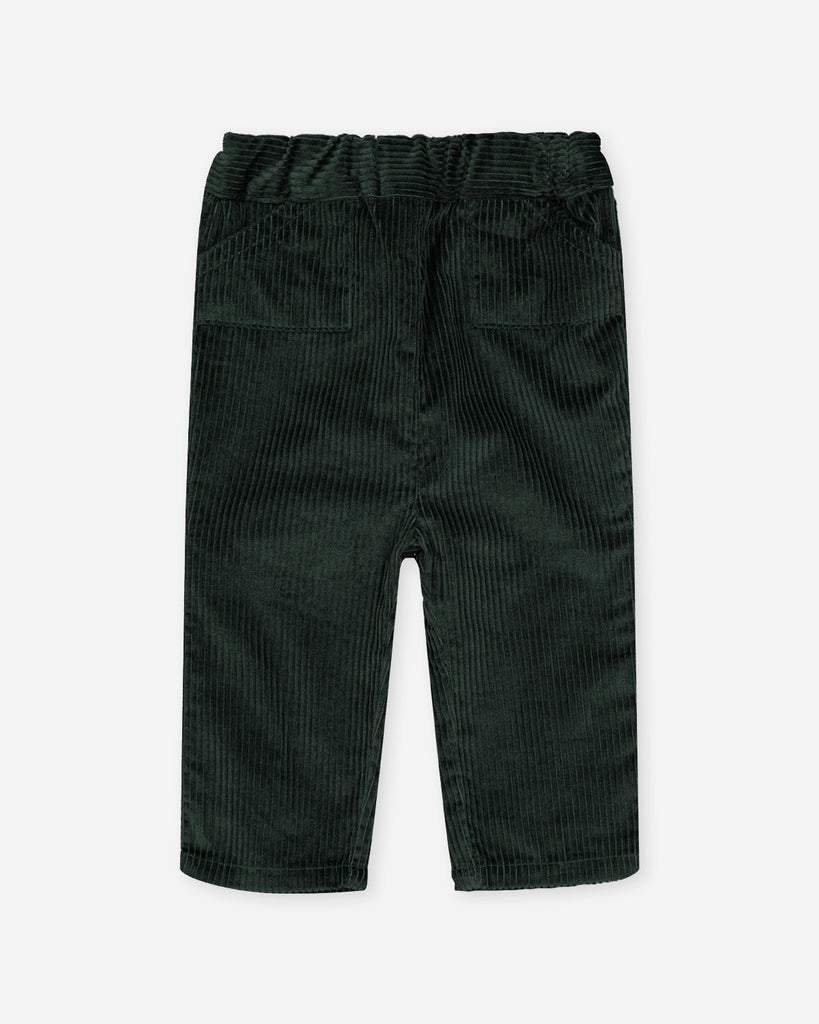 Pantalon en velours côtelé vert sapin foncé avec deux poches de chaque côté de la marque Bobine Paris.