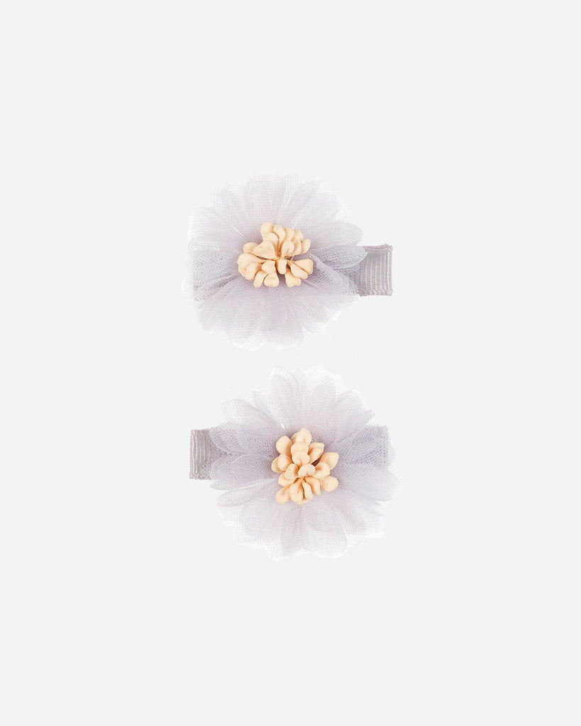 Barrettes grises avec une fleur en tulle et un détail jaune