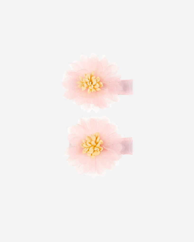 Barrettes roses avec une fleur en tulle et un détail jaune