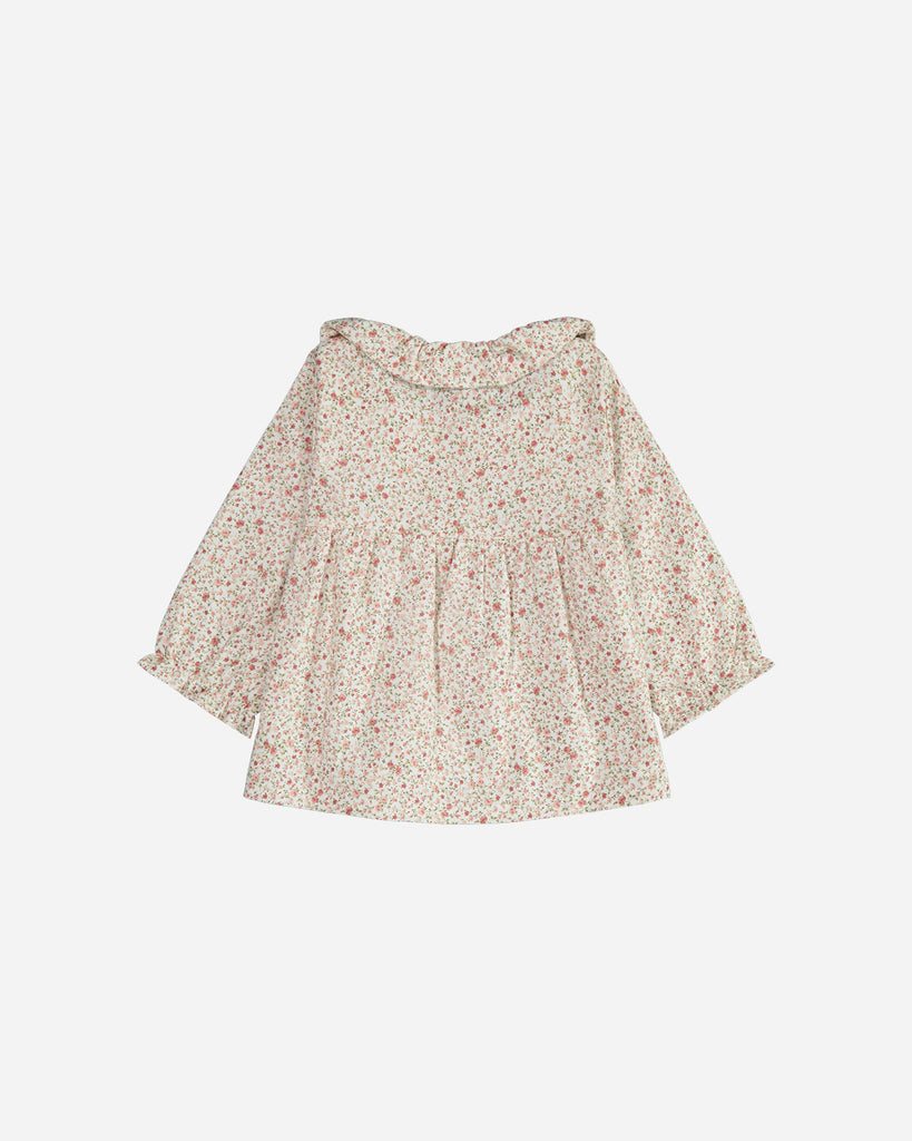 Blouse Ava fleurie rouge avec un col claudine vue de dos.