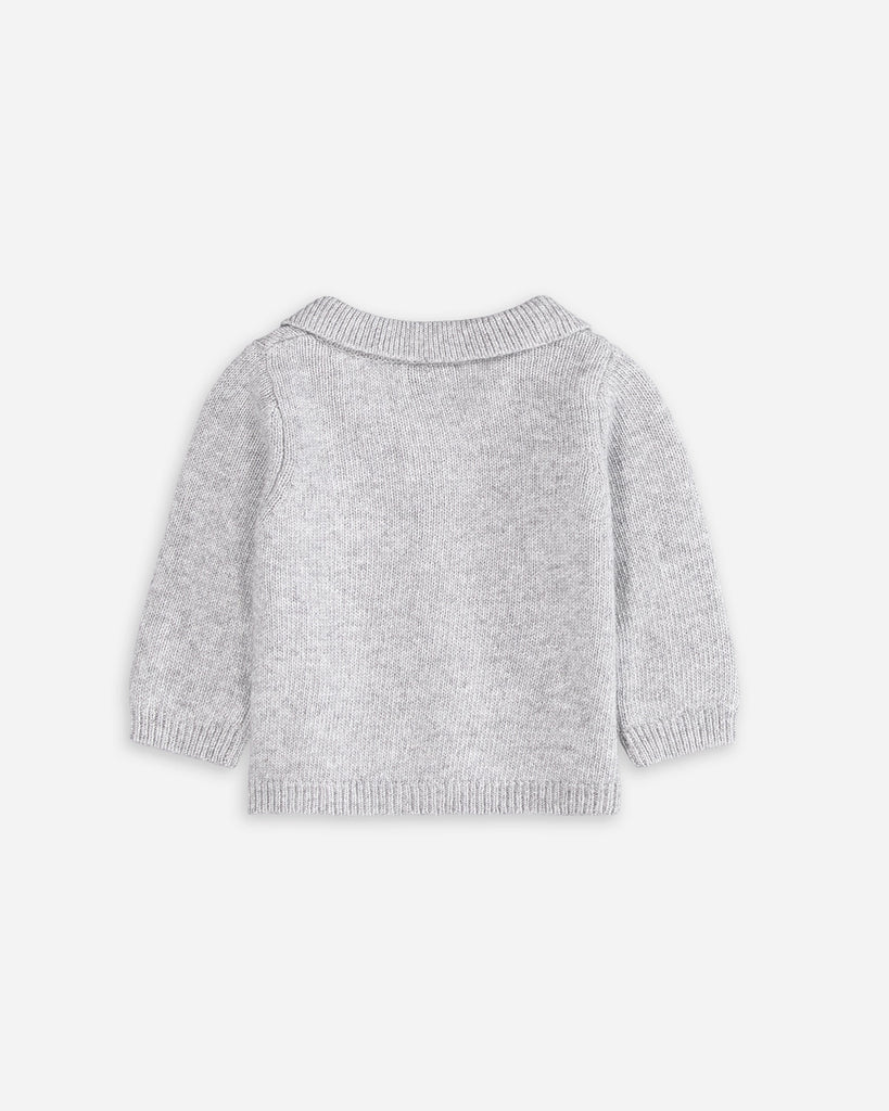 Dos cardigan bébé gris à col polo en laine et cachemire de la marque Bobine Paris.