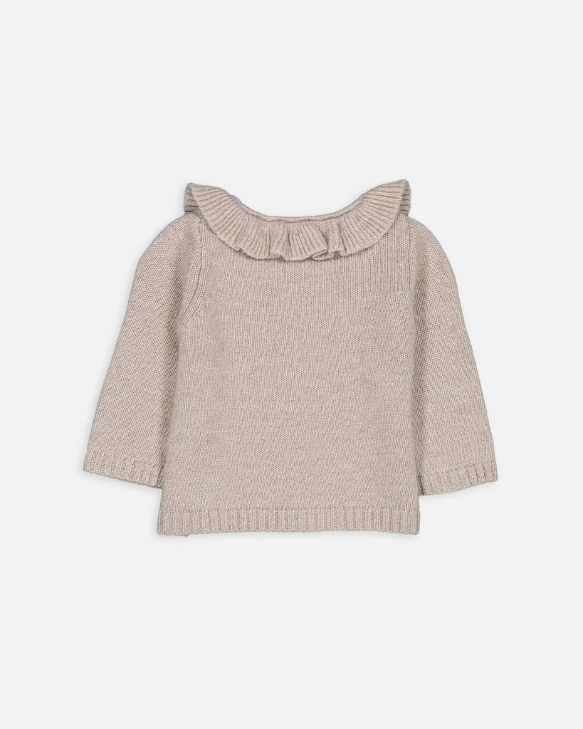 Dos Cardigan beige clair pour bébé à col volanté en laine et cachemire de la marque Bobine Paris.
