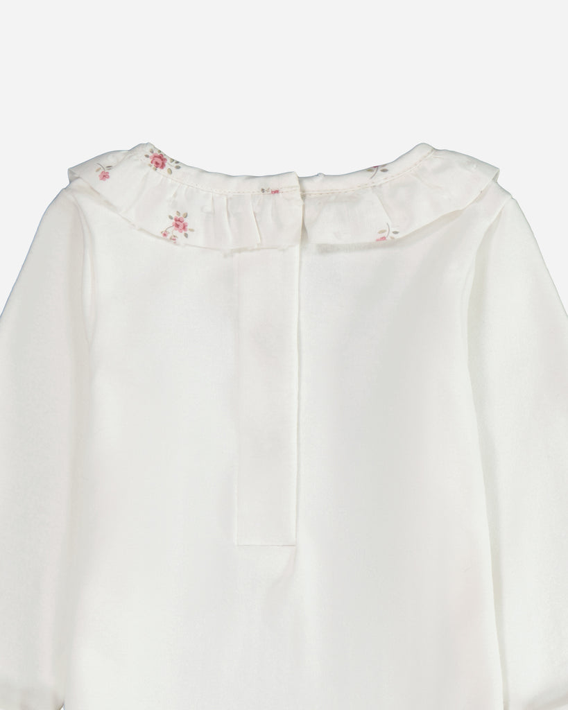 Zoom du col en vue de dos d'un body bébé blanc avec le col fleuri plumetis..