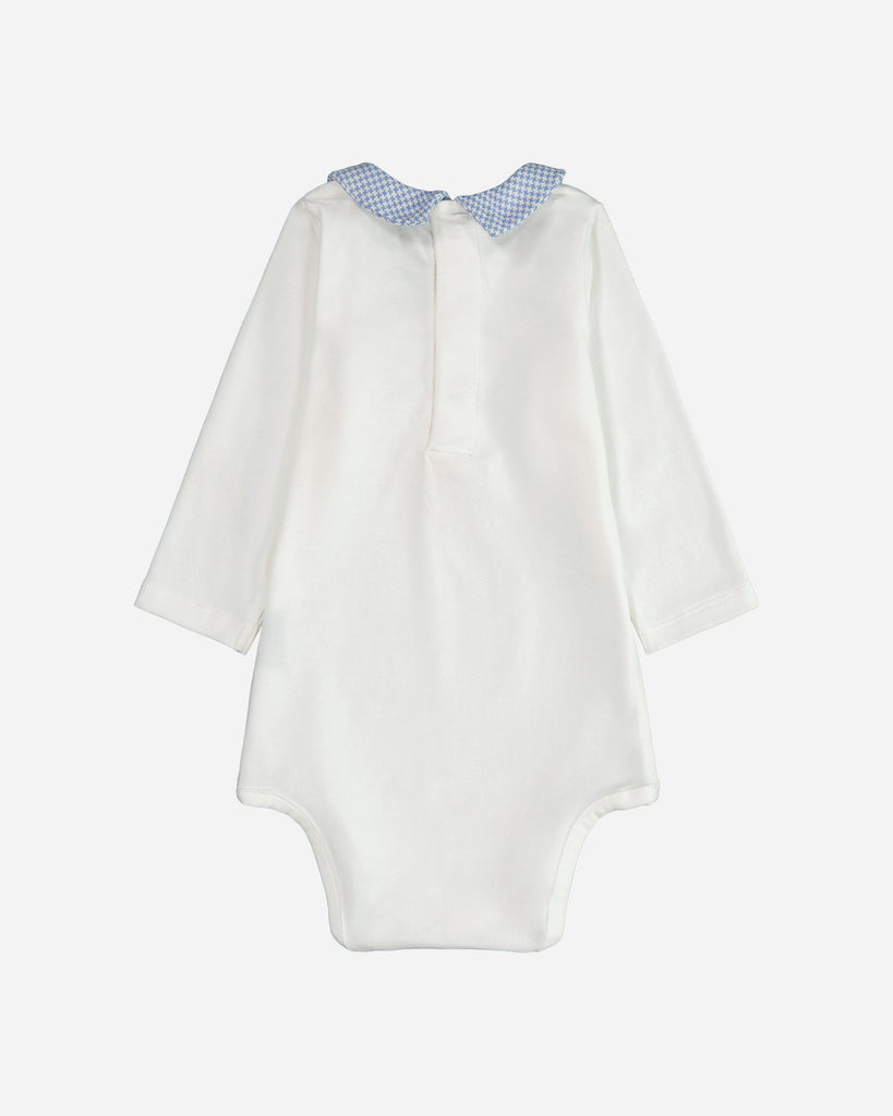 Body bébé blanc avec un col à motifs pied de poule vue de dos.