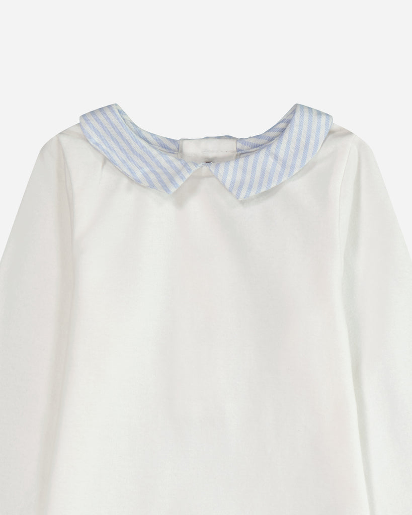Zoom sur le col à rayures bleues ciel d'un body pour bébé blanc.