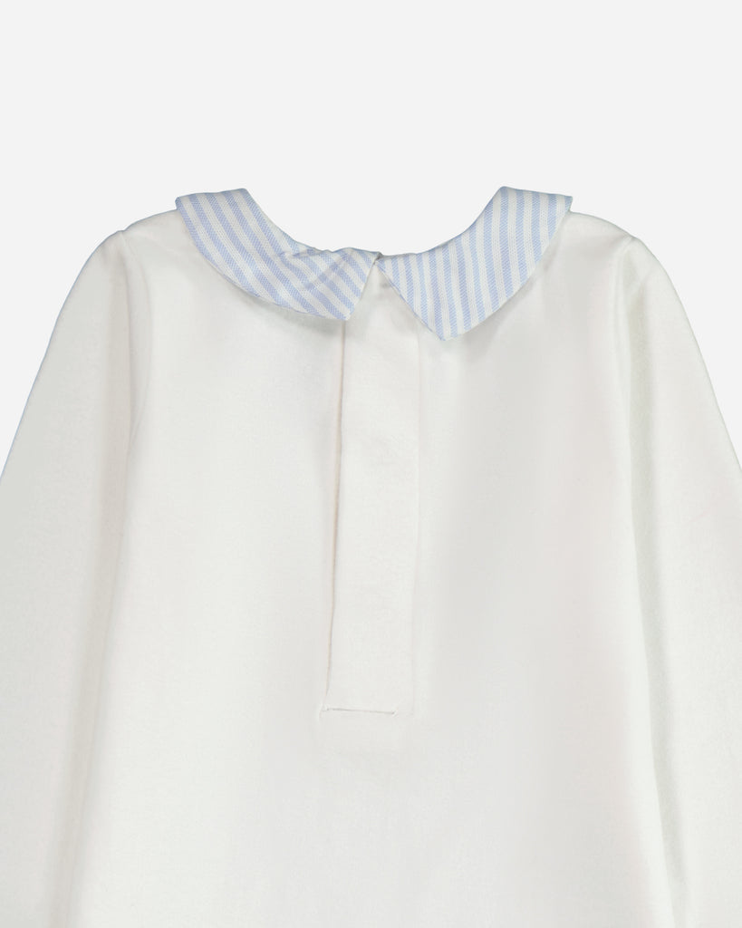 Zoom du col à rayures bleues ciel d'un body blanc pour bébé vue de dos.