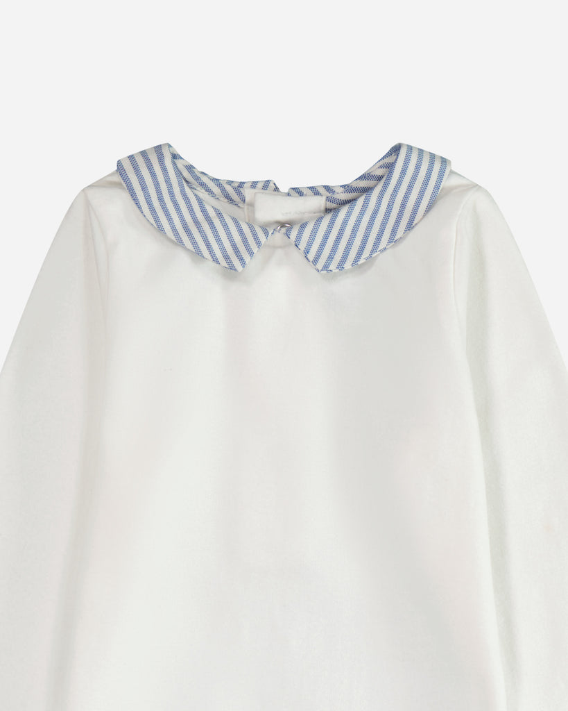 Zoom sur le col à rayures bleues marines d'un body pour bébé blanc.