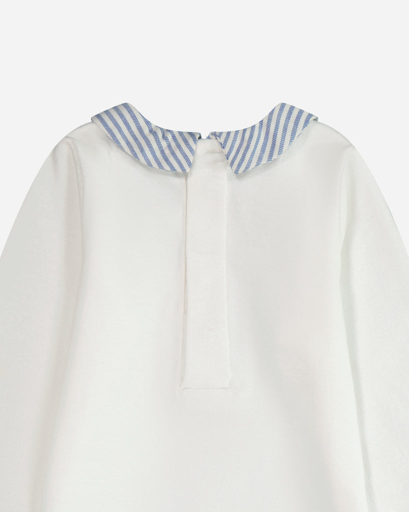 Zoom du col à rayures bleues marines d'un body blanc pour bébé vue de dos.