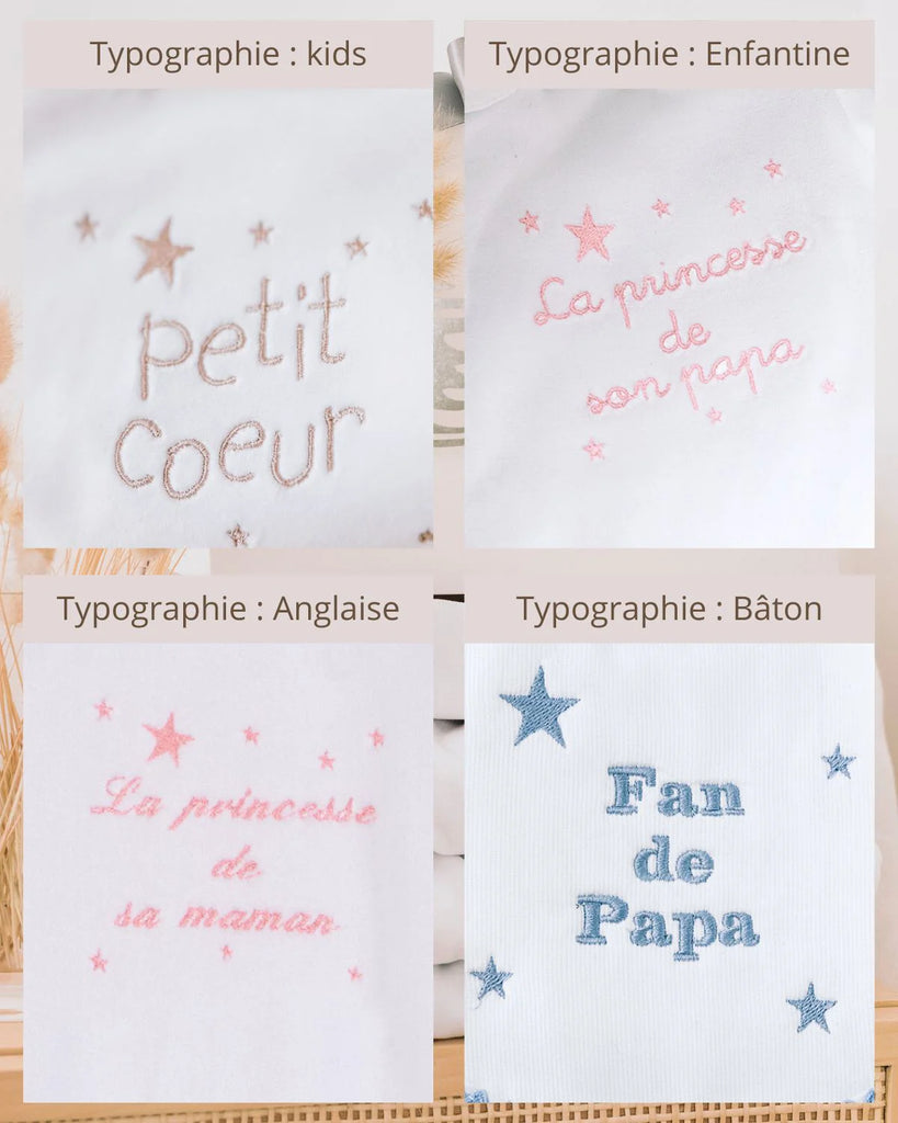 Exemples de typos pour les bavoir rond en coton blanc à détails roses à personnaliser de la marque Bobine Paris.