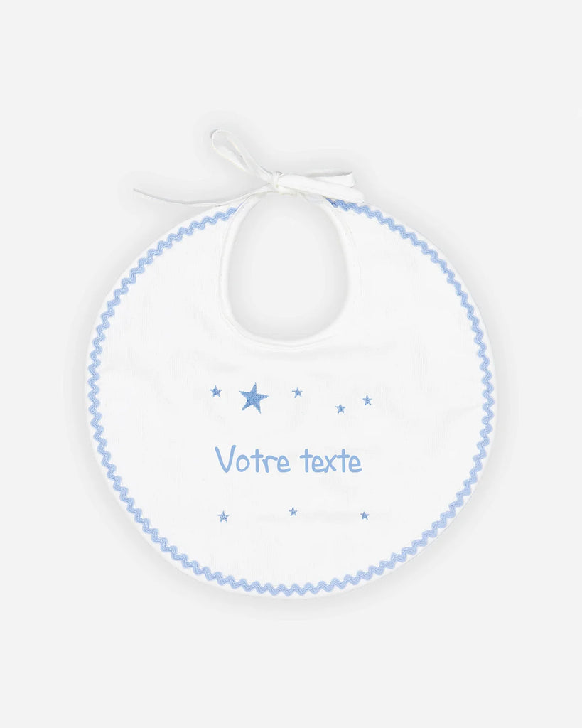Bavoir rond en coton blanc à détails bleu ciel à personnaliser de la marque Bobine Paris.