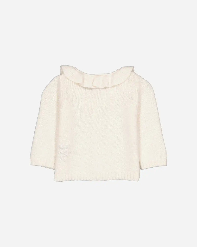 Vue de dos du cardigan pour bébé fille écru à col volanté en laine et cachemire de la marque Bobine Paris.