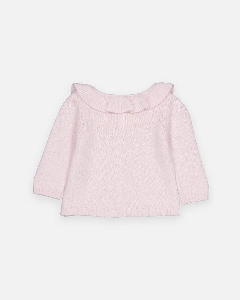 Vue de dos du cardigan à col volanté en laine et cachemire rose pour bébé de la marque Bobine Paris