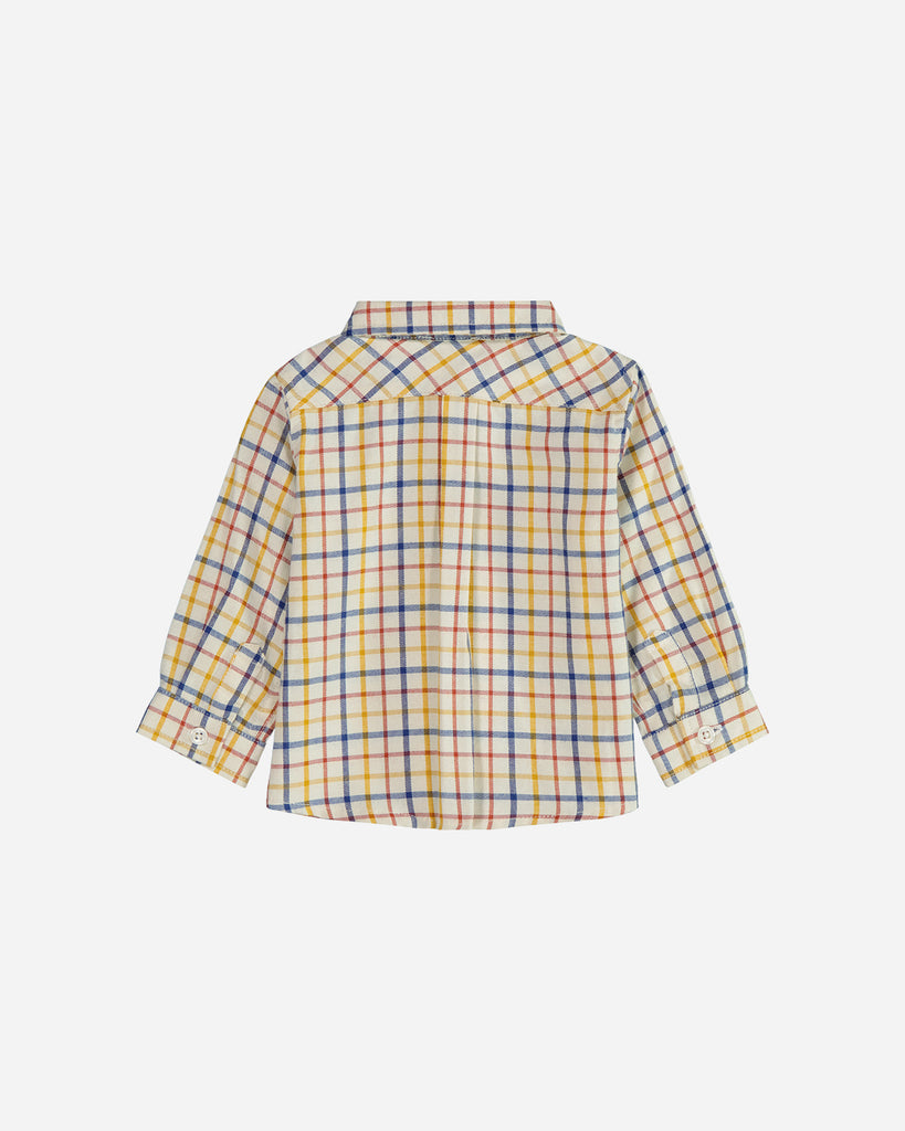 Vue de dos d'une chemise garçon à carreaux jaune et bleu