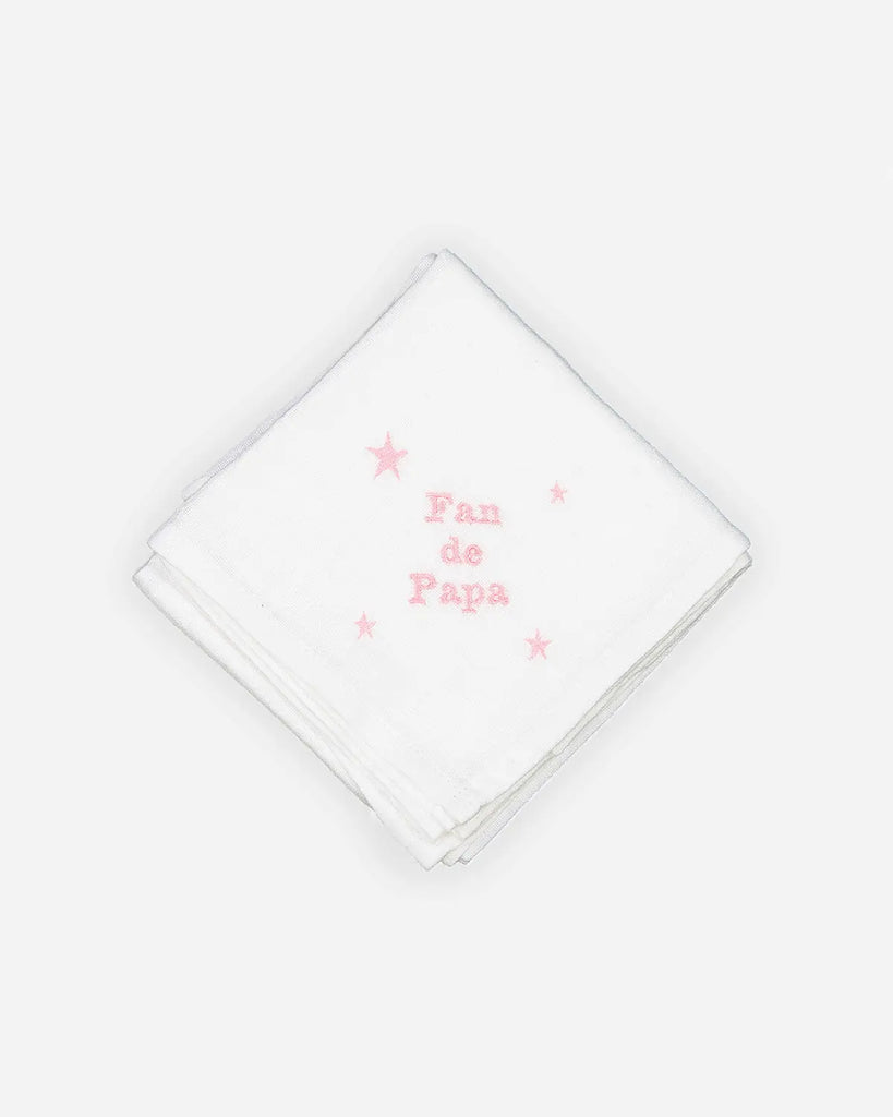 Lange en coton blanc à broderies roses "Fan de papa" de la marque Bobine Paris.