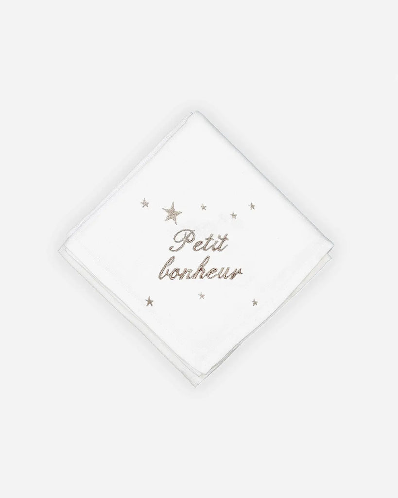 Lange en coton blanc à broderies grises "Petit bonheur" et étoiles de la marque Bobine Paris.