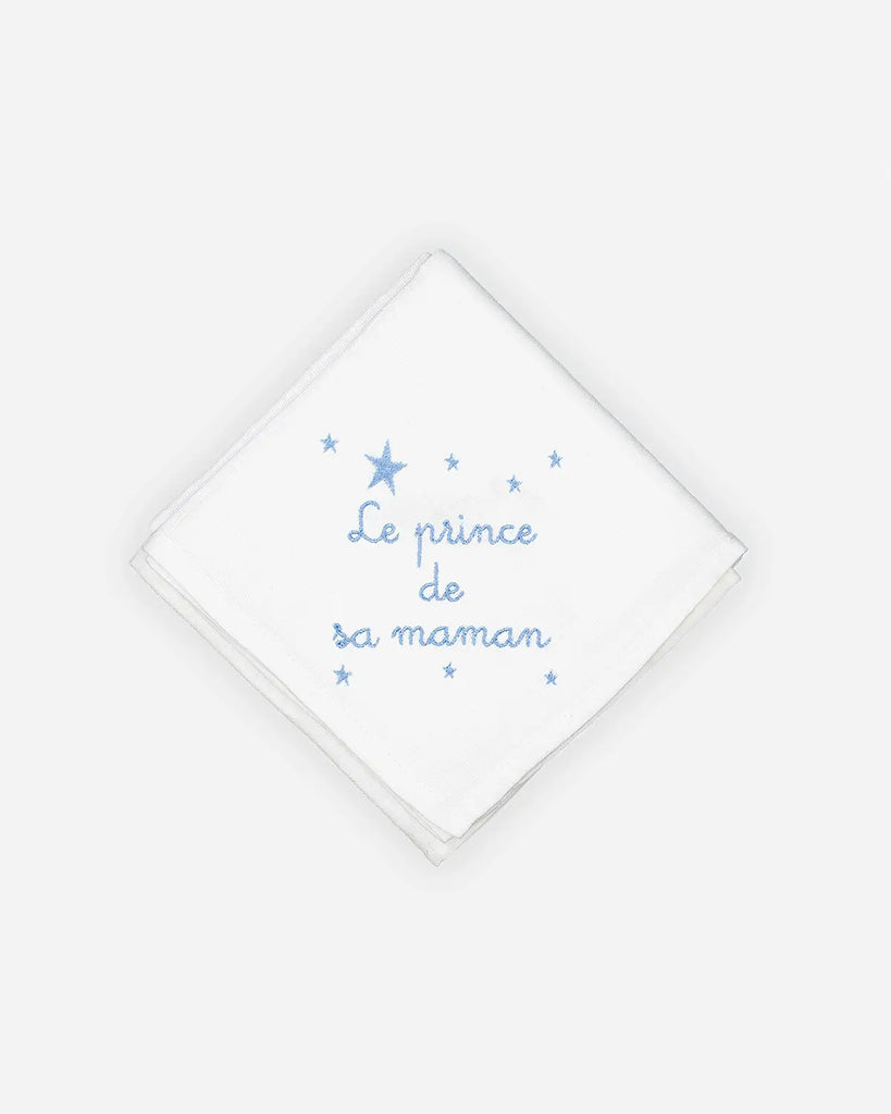Lange en coton blanc à broderies "Le prince de sa maman" et étoiles de la marque Bobine Paris.