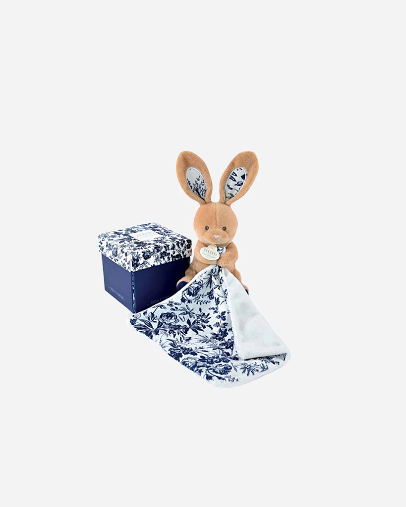 Doudou lapin pour bébé beige avec mouchoir blanc à fleurs bleues de la marque Bobine Paris (avec sa boite).