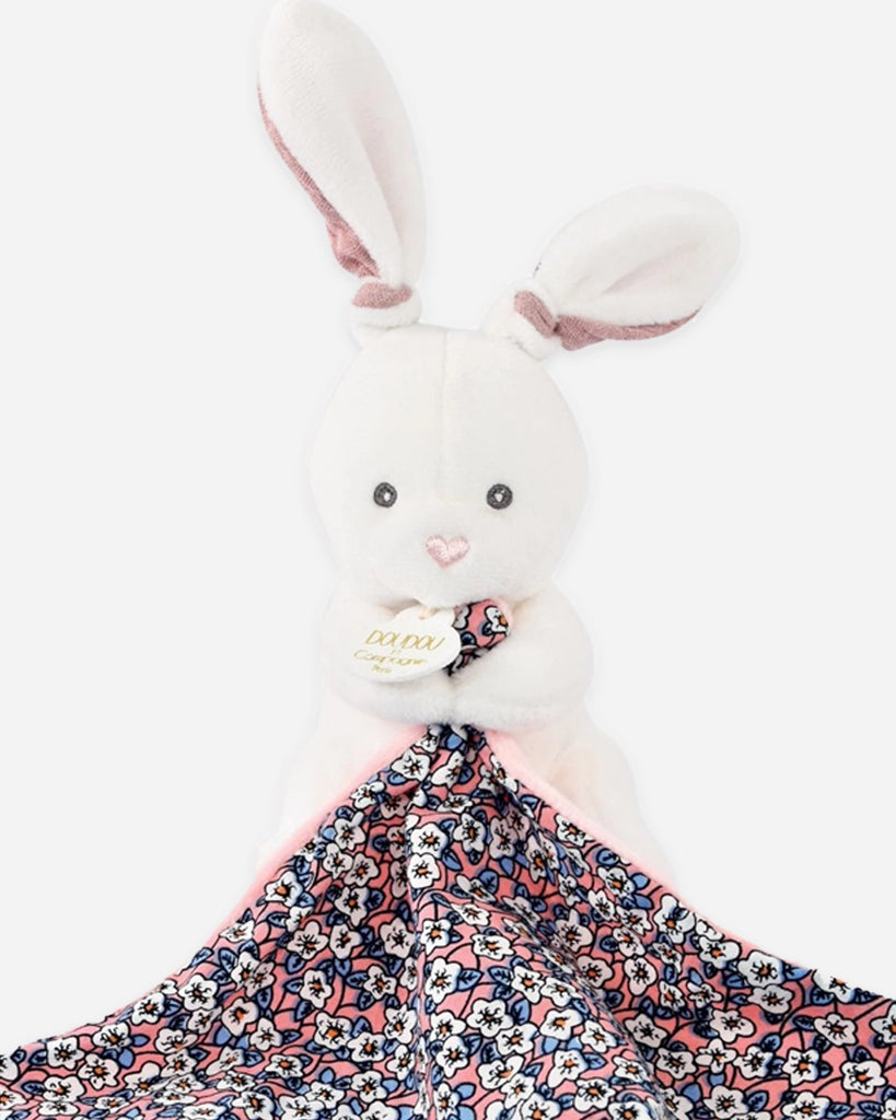 Doudou pour bébé lapin blanc et rose et son mouchoir fleuri zoom