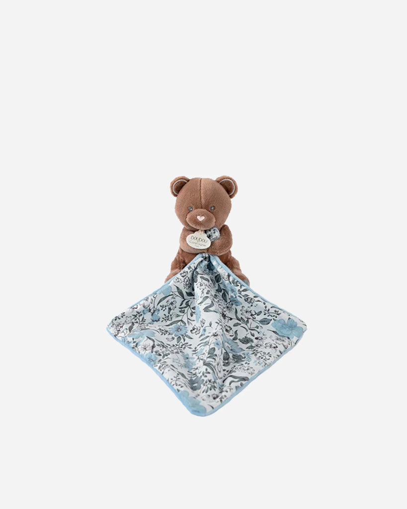 Doudou ours marron avec mouchoir fleuri bleu pour bébé de la marque Bobine Paris.