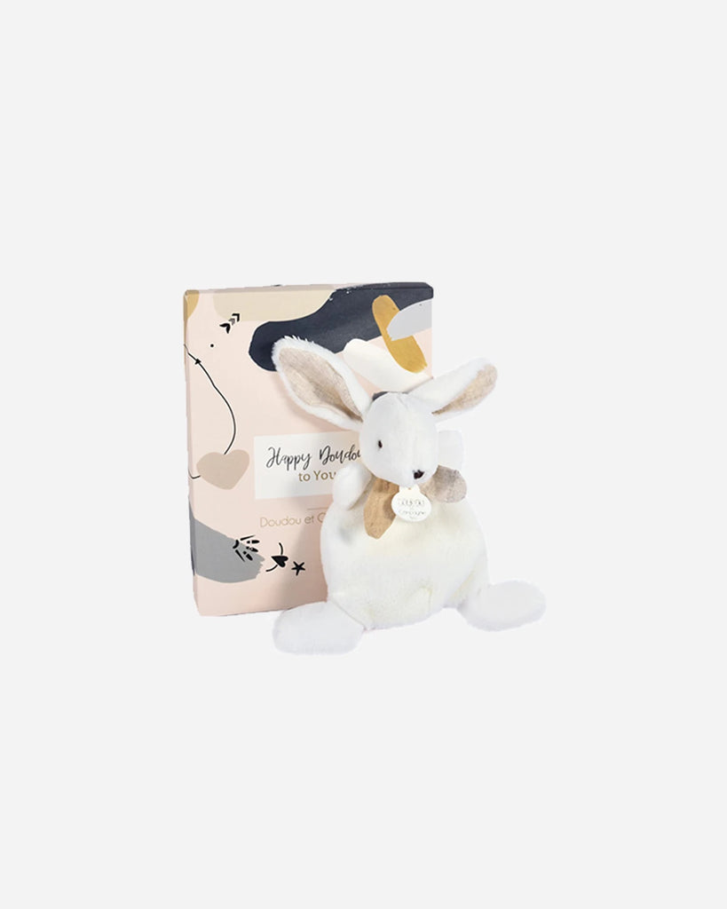 Doudou lapin blanc et beige pour bébé de la marque Bobine Paris avec sa boite.