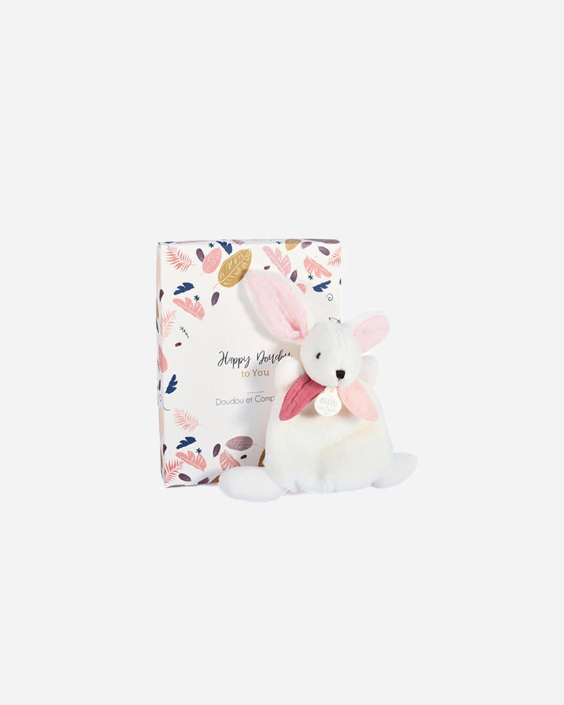 Doudou lapin pour bébé blanc et rose de la marque Bobine Paris avec sa boite.