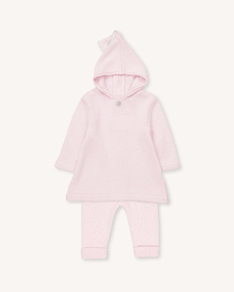 Look pour bébé fille composé d'un burnous et d'un pantalon en laine et cachemire rose de la marque Bobine Paris.