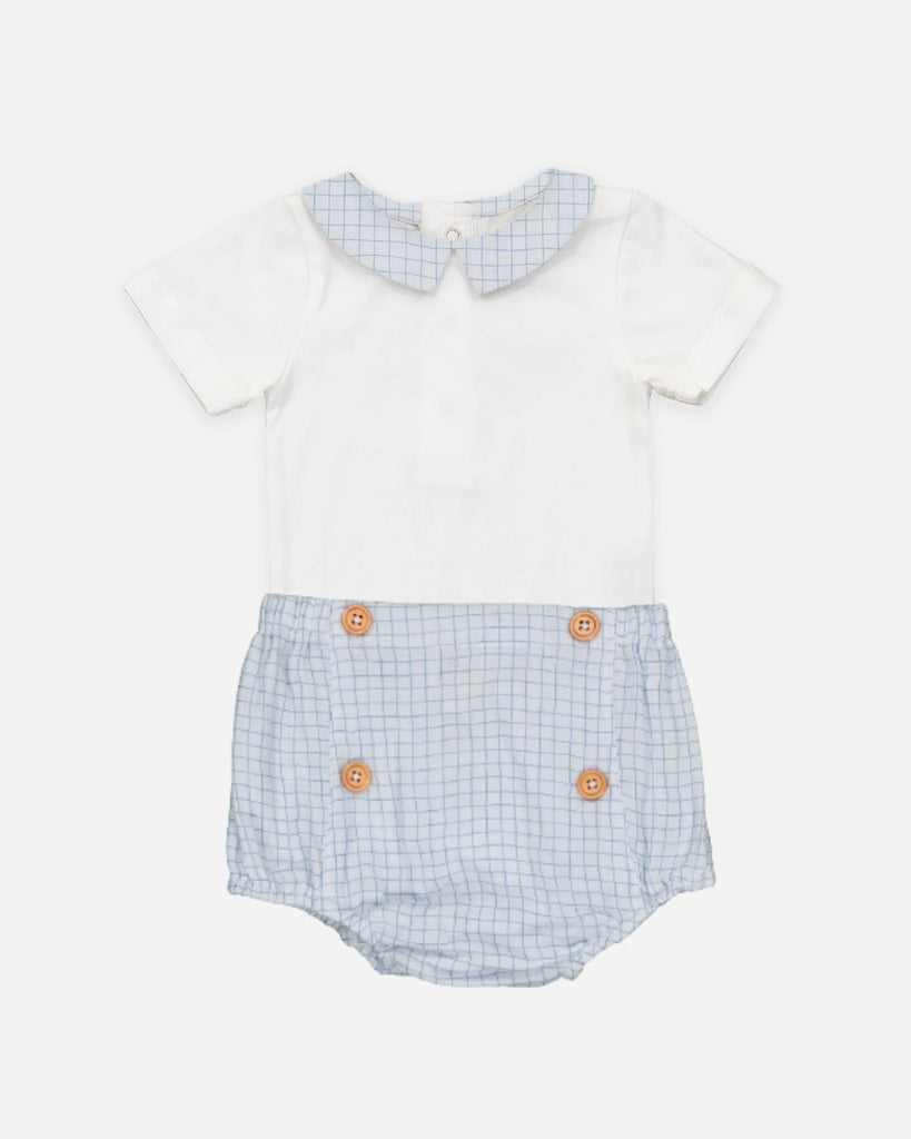Look pour bébé composé d'un t-shirt à col pointu quadrillé bleu et d'un bloomer assorti de la marque Bobine Paris.
