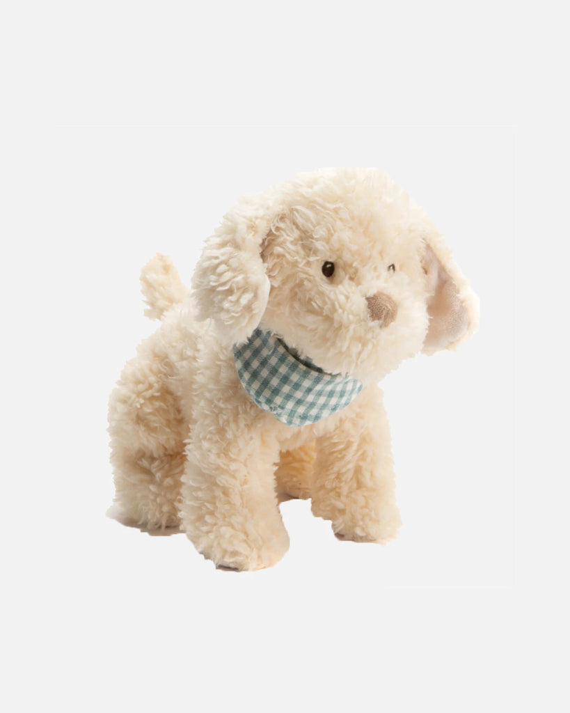Peluche chien pour bébé avec un petit foulard vichy de la marque Bobine Paris.