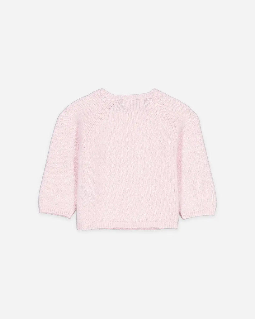 Vue de dos du pull bébé cache-coeur couleur rose blush de la marque Bobine Paris.