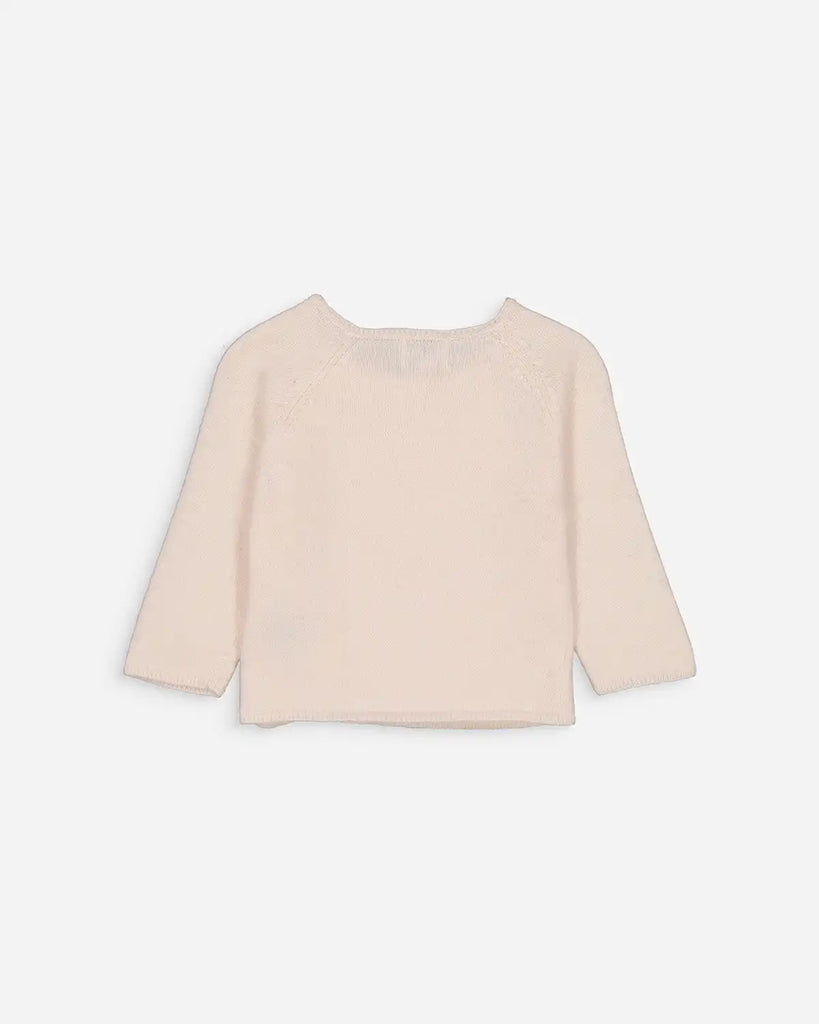 Vue de dos du pull bébé cache-coeur fille rose perle en laine et cachemire de la marque  Bobine Paris